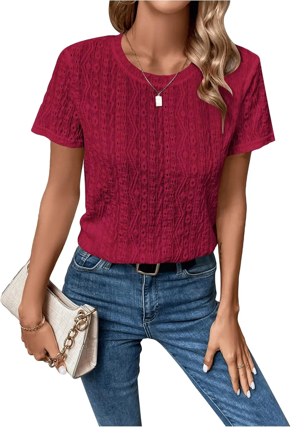 SweatyRocks Women's Eyelet Embroidery Short Sleeve Tops Shirts Solid Crewneck Retro Plain Casual Holiday T-Shirts