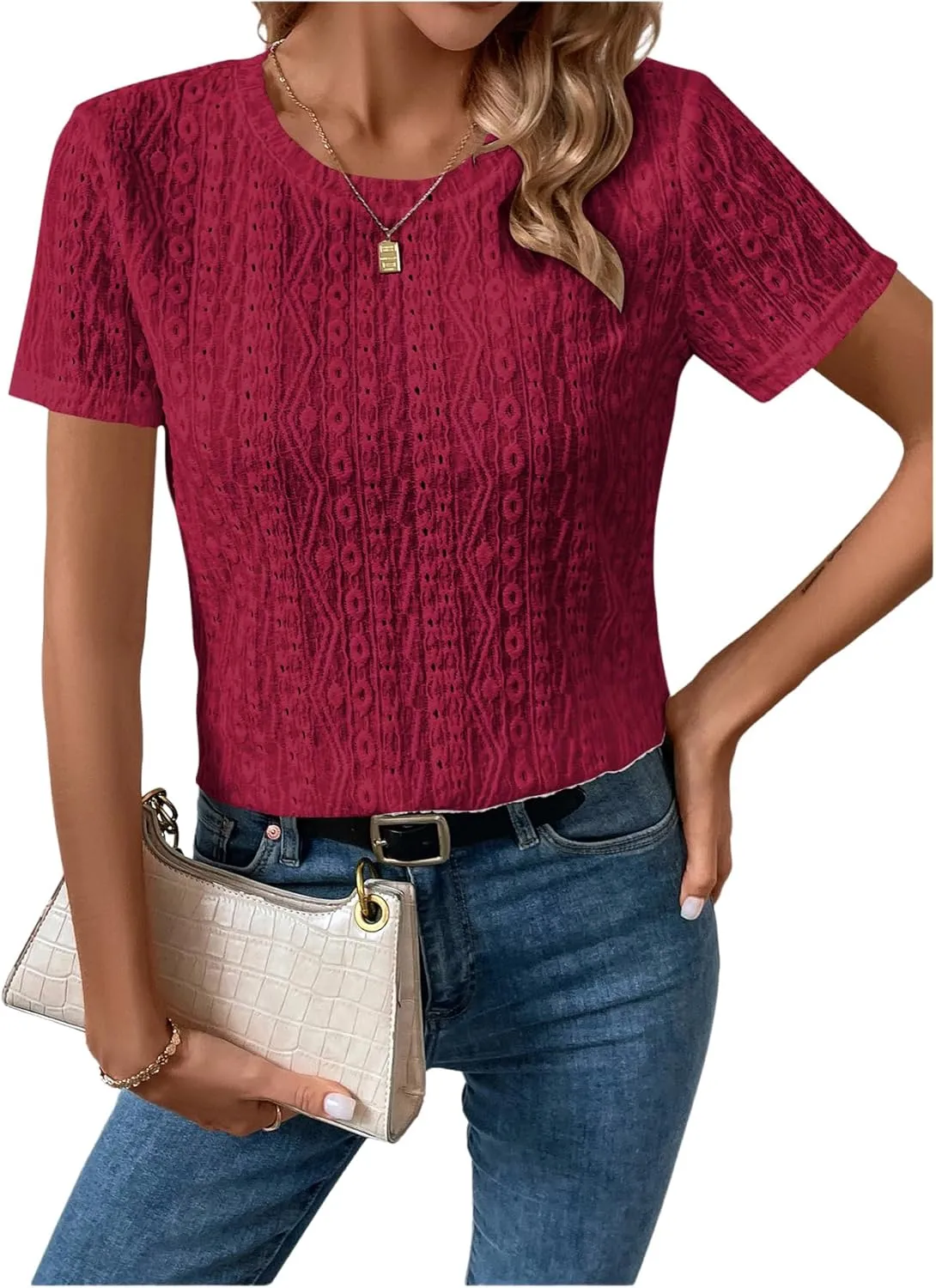SweatyRocks Women's Eyelet Embroidery Short Sleeve Tops Shirts Solid Crewneck Retro Plain Casual Holiday T-Shirts