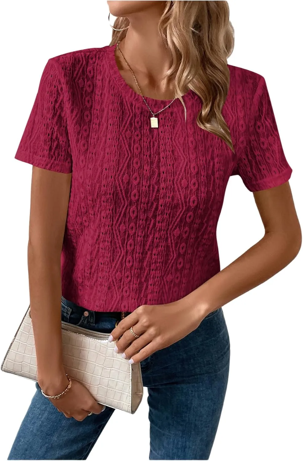 SweatyRocks Women's Eyelet Embroidery Short Sleeve Tops Shirts Solid Crewneck Retro Plain Casual Holiday T-Shirts