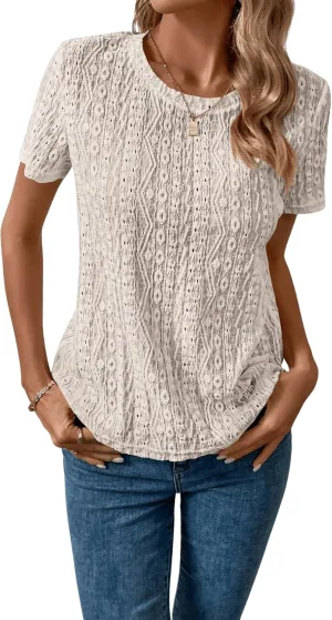 SweatyRocks Women's Eyelet Embroidery Short Sleeve Tops Shirts Solid Crewneck Retro Plain Casual Holiday T-Shirts