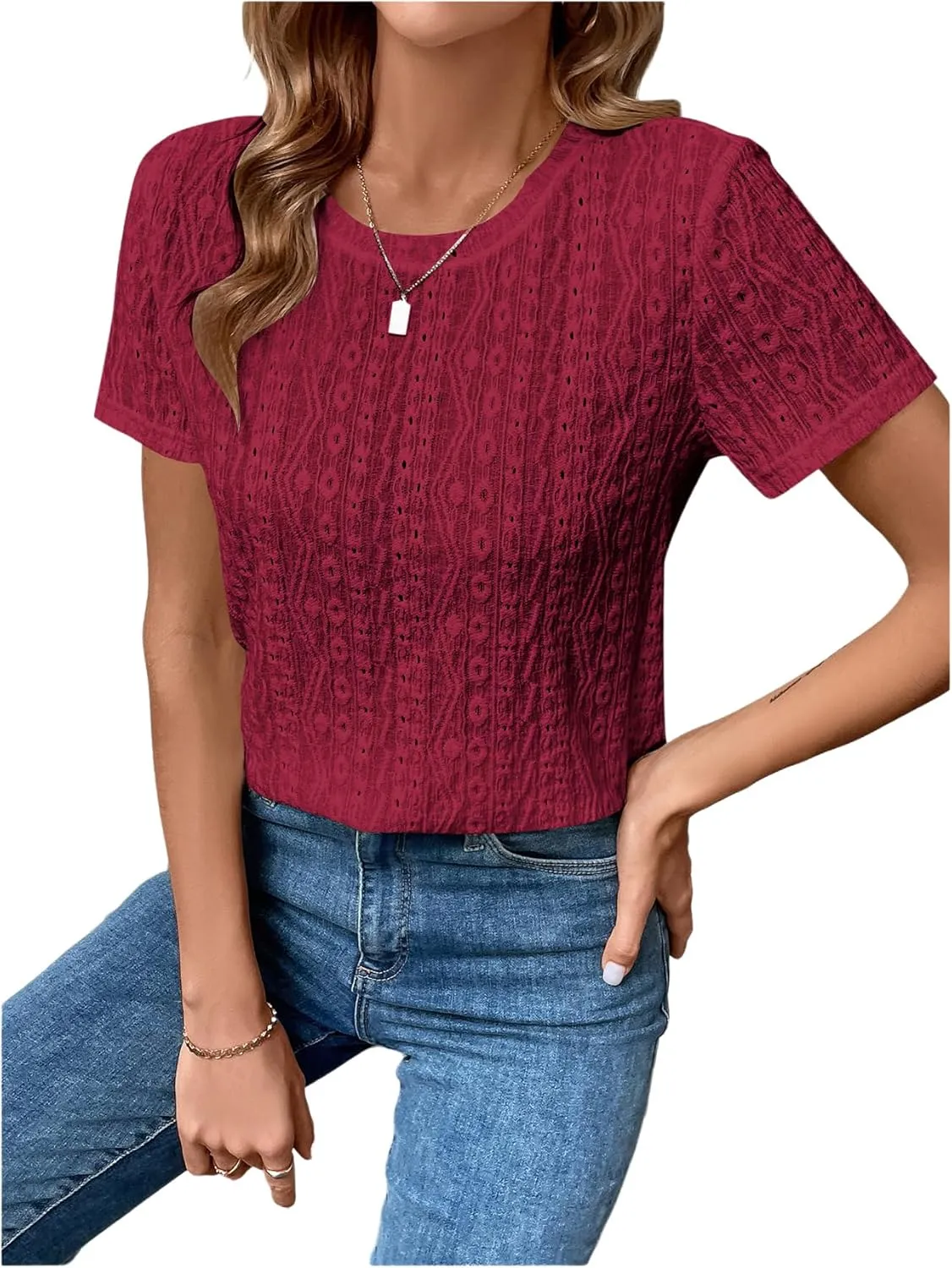 SweatyRocks Women's Eyelet Embroidery Short Sleeve Tops Shirts Solid Crewneck Retro Plain Casual Holiday T-Shirts