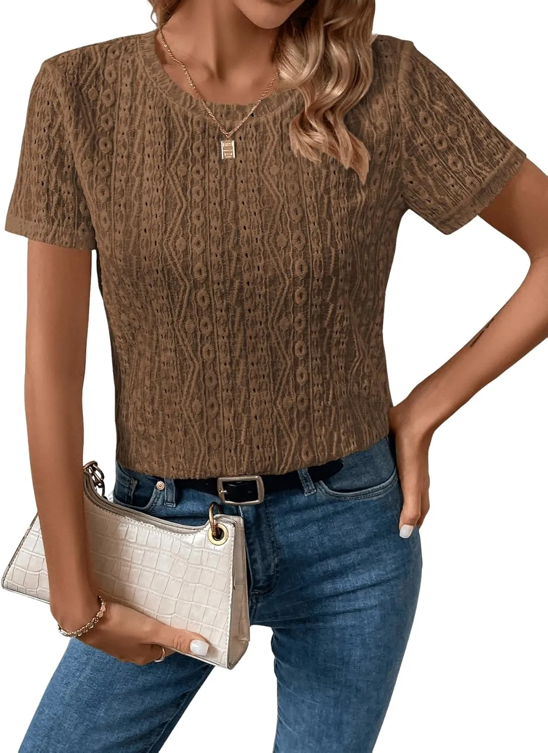SweatyRocks Women's Eyelet Embroidery Short Sleeve Tops Shirts Solid Crewneck Retro Plain Casual Holiday T-Shirts