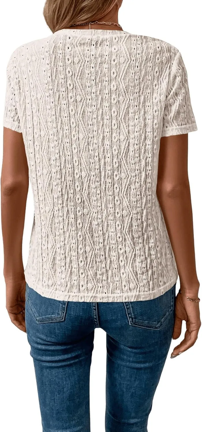 SweatyRocks Women's Eyelet Embroidery Short Sleeve Tops Shirts Solid Crewneck Retro Plain Casual Holiday T-Shirts