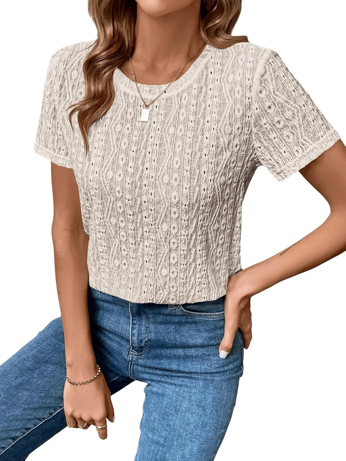 SweatyRocks Women's Eyelet Embroidery Short Sleeve Tops Shirts Solid Crewneck Retro Plain Casual Holiday T-Shirts