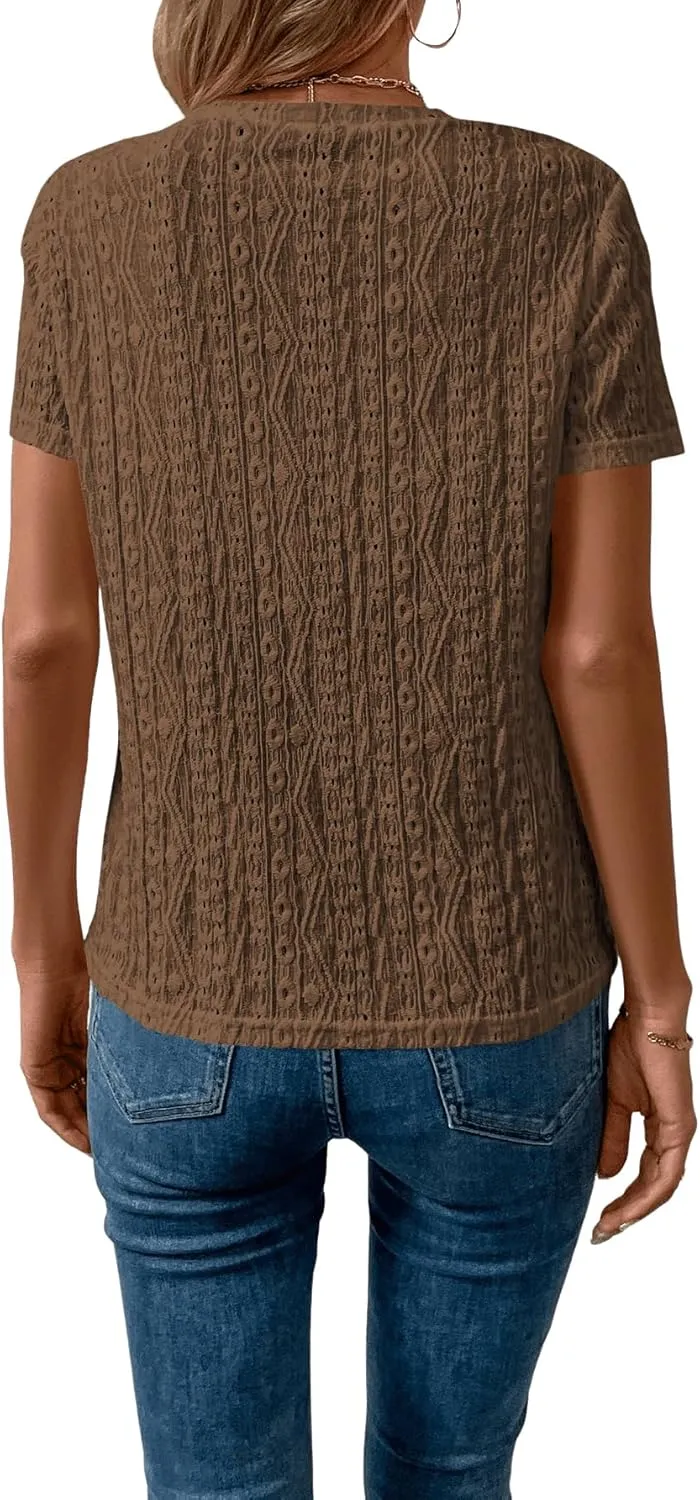 SweatyRocks Women's Eyelet Embroidery Short Sleeve Tops Shirts Solid Crewneck Retro Plain Casual Holiday T-Shirts