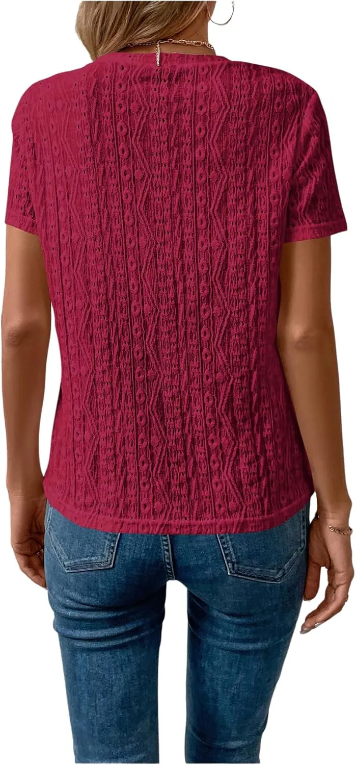 SweatyRocks Women's Eyelet Embroidery Short Sleeve Tops Shirts Solid Crewneck Retro Plain Casual Holiday T-Shirts