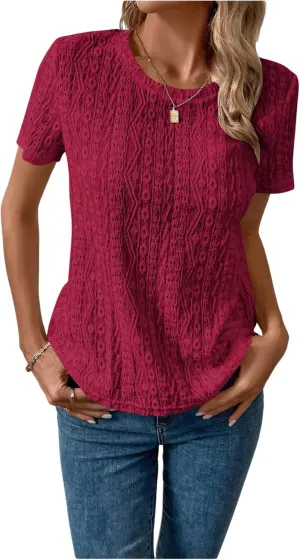SweatyRocks Women's Eyelet Embroidery Short Sleeve Tops Shirts Solid Crewneck Retro Plain Casual Holiday T-Shirts