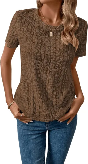 SweatyRocks Women's Eyelet Embroidery Short Sleeve Tops Shirts Solid Crewneck Retro Plain Casual Holiday T-Shirts