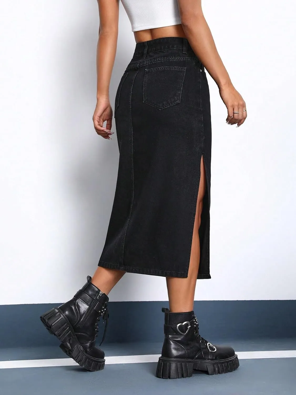 SweatyRocks Women's High Waist Zip Up Denim Skirt Solid Split Thigh Midi Jean Skirts with Pocket