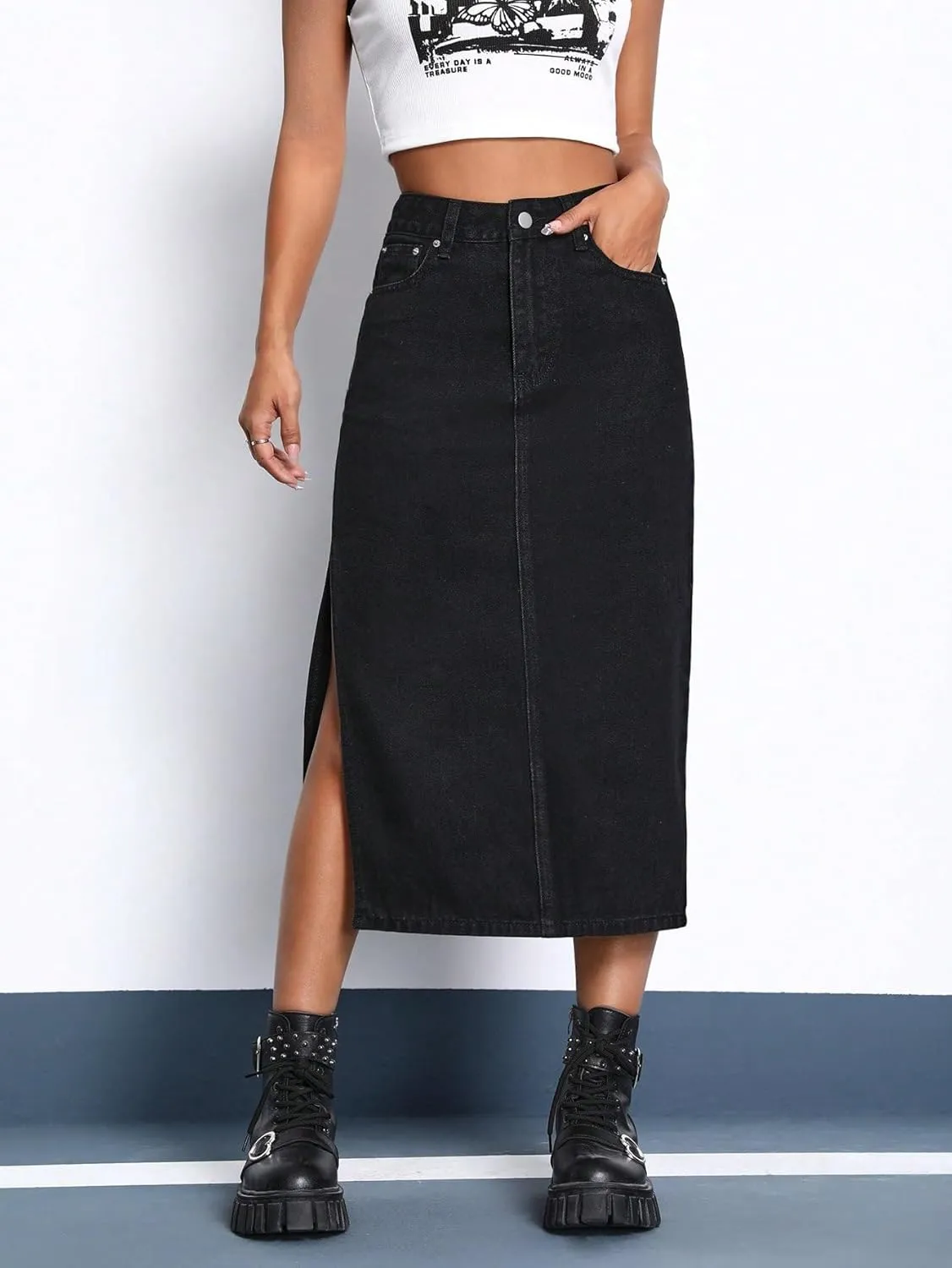 SweatyRocks Women's High Waist Zip Up Denim Skirt Solid Split Thigh Midi Jean Skirts with Pocket