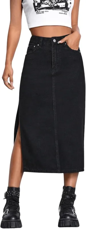 SweatyRocks Women's High Waist Zip Up Denim Skirt Solid Split Thigh Midi Jean Skirts with Pocket