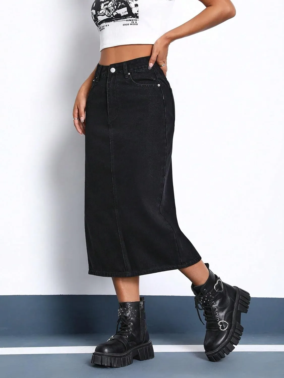 SweatyRocks Women's High Waist Zip Up Denim Skirt Solid Split Thigh Midi Jean Skirts with Pocket