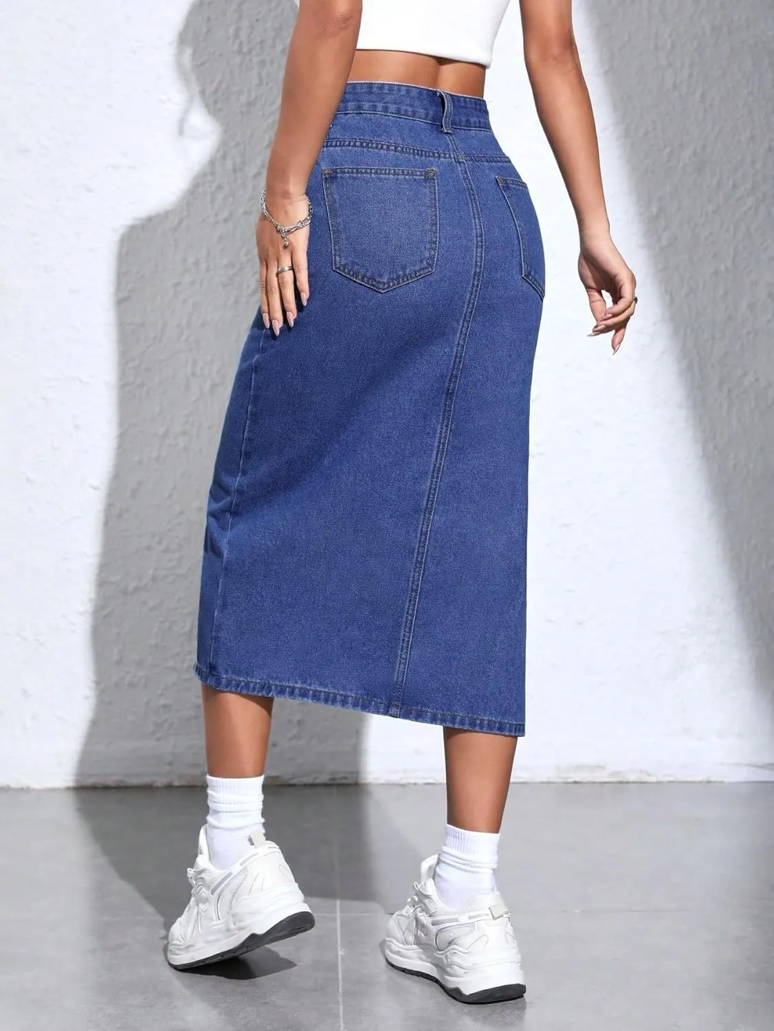 SweatyRocks Women's High Waist Zip Up Denim Skirt Solid Split Thigh Midi Jean Skirts with Pocket