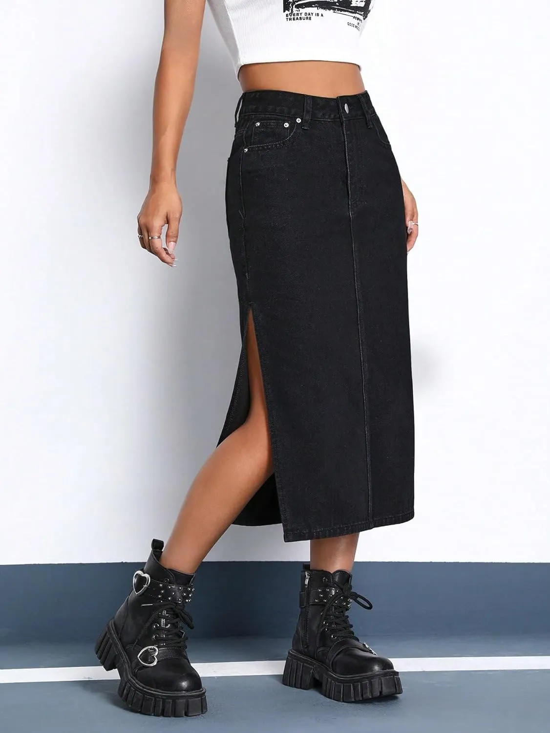 SweatyRocks Women's High Waist Zip Up Denim Skirt Solid Split Thigh Midi Jean Skirts with Pocket