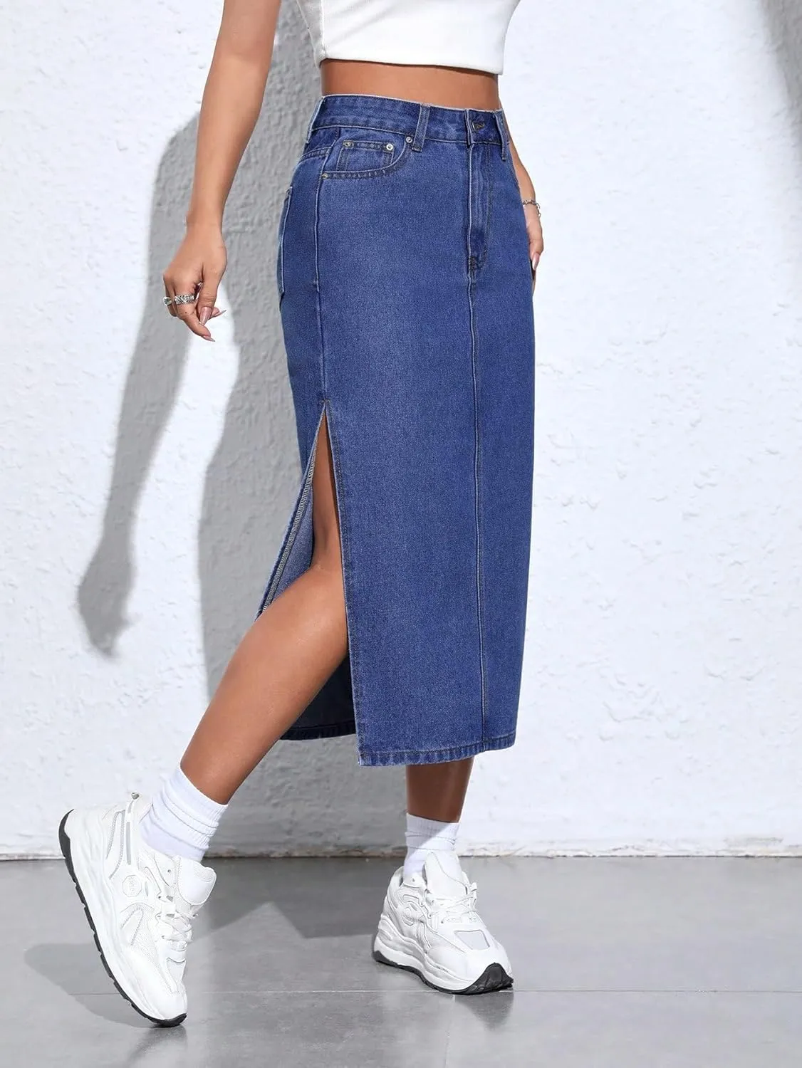 SweatyRocks Women's High Waist Zip Up Denim Skirt Solid Split Thigh Midi Jean Skirts with Pocket
