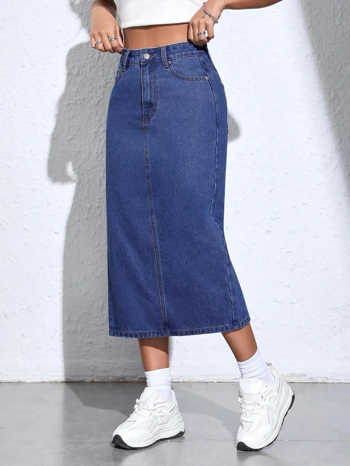 SweatyRocks Women's High Waist Zip Up Denim Skirt Solid Split Thigh Midi Jean Skirts with Pocket