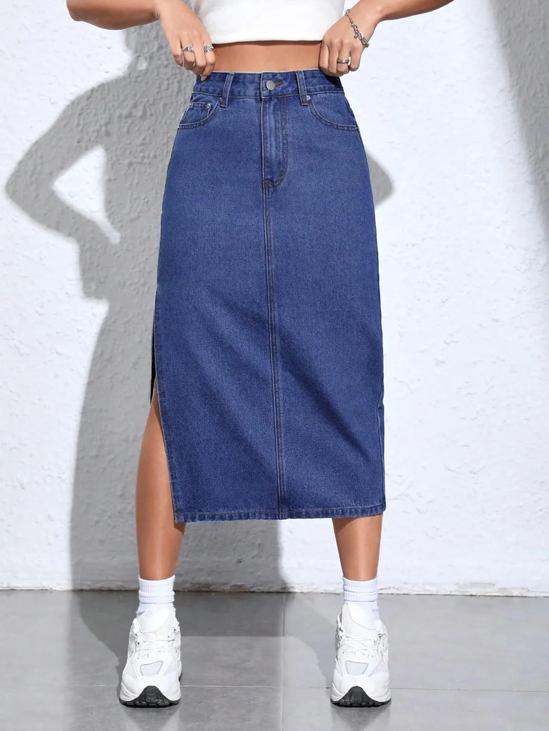 SweatyRocks Women's High Waist Zip Up Denim Skirt Solid Split Thigh Midi Jean Skirts with Pocket
