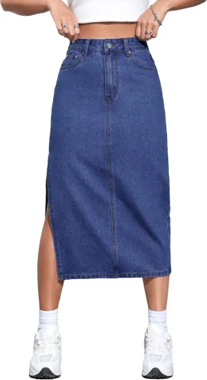 SweatyRocks Women's High Waist Zip Up Denim Skirt Solid Split Thigh Midi Jean Skirts with Pocket