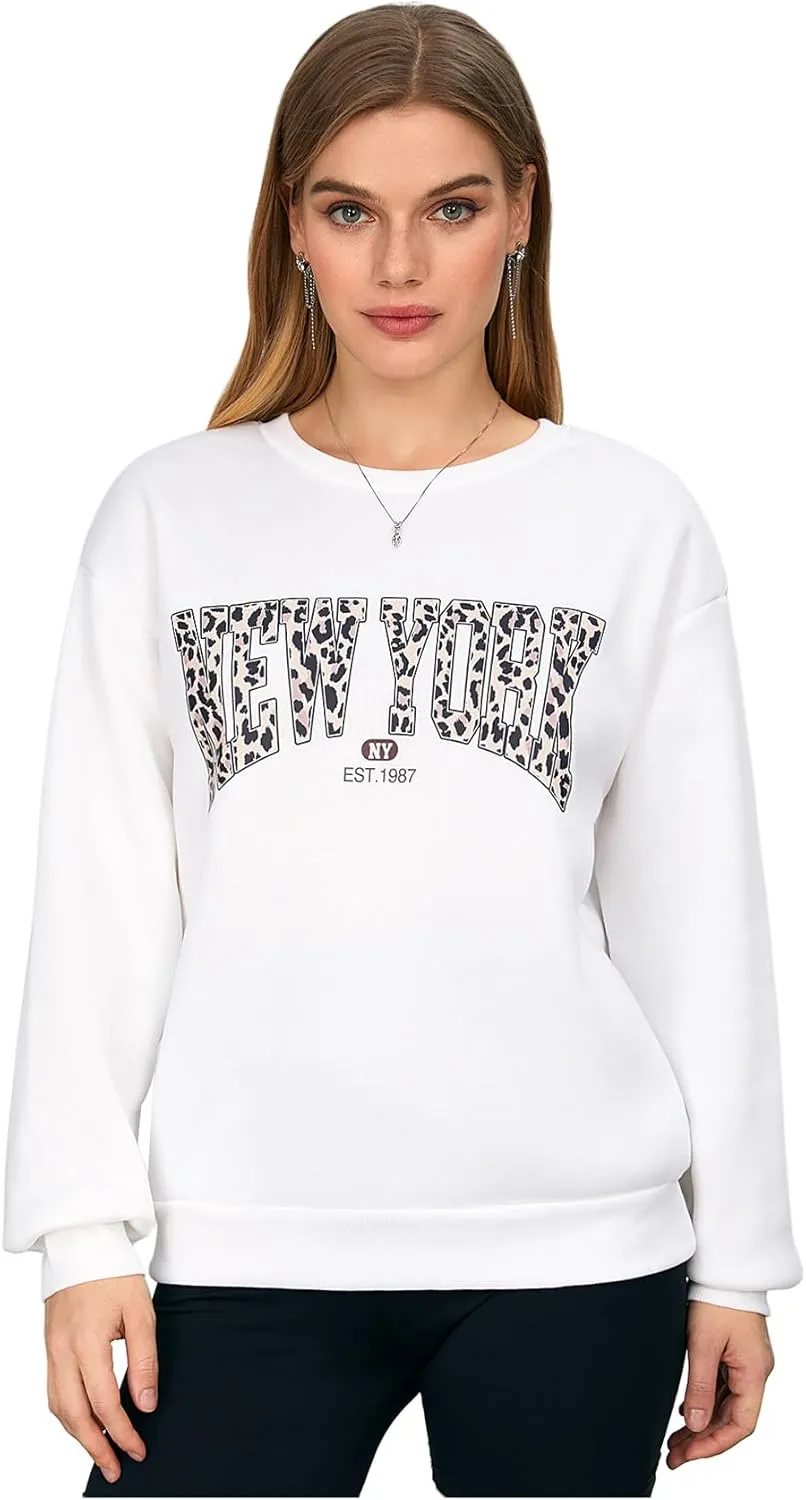 SweatyRocks Women's Letter Leopard Print Sweatshirt Crewneck Long Sleeve Oversized Pullover Tops
