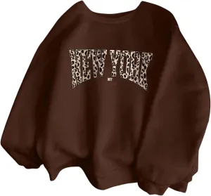 SweatyRocks Women's Letter Leopard Print Sweatshirt Crewneck Long Sleeve Oversized Pullover Tops