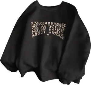 SweatyRocks Women's Letter Leopard Print Sweatshirt Crewneck Long Sleeve Oversized Pullover Tops