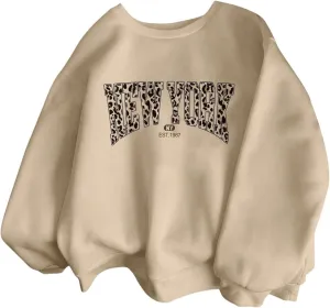 SweatyRocks Women's Letter Leopard Print Sweatshirt Crewneck Long Sleeve Oversized Pullover Tops