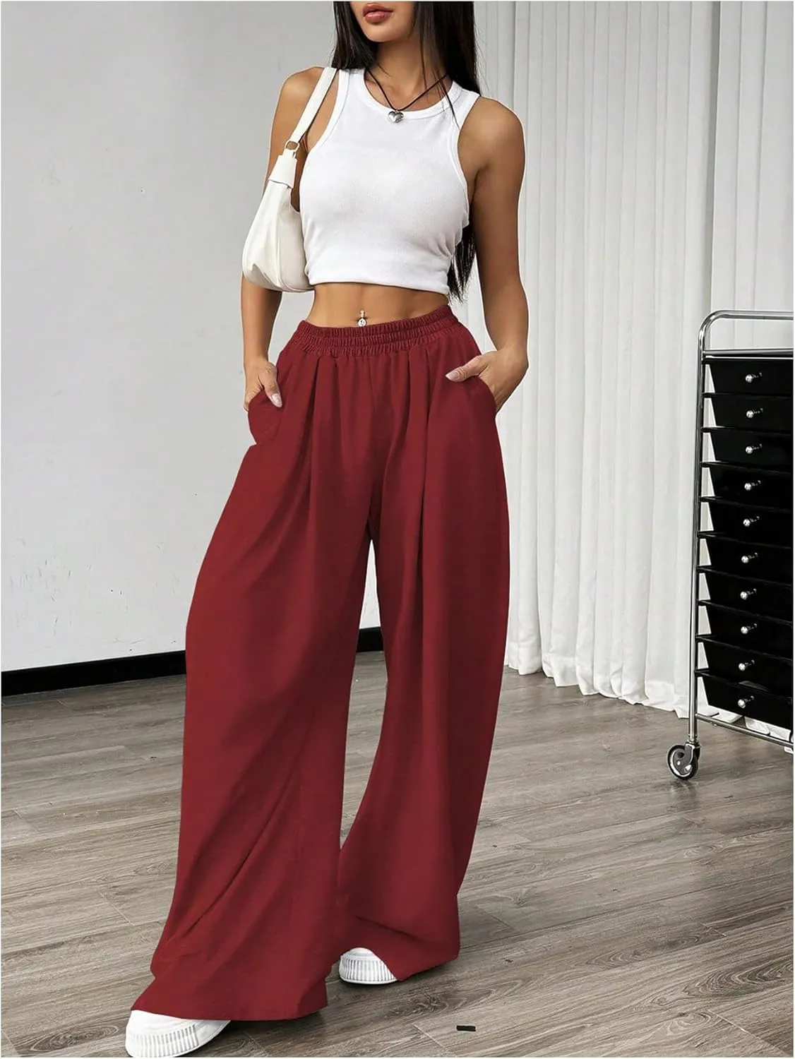 SweatyRocks Women's Wide Leg Pants Elastic High Waist Loose Athletic Sweatpants with Pockets