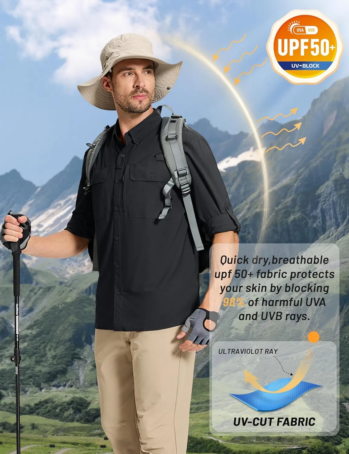 TACVASEN Men's Fishing Shirts Long Sleeve Sun Protection UPF50  Quick Dry Button Down Shirts with Zipper Pockets