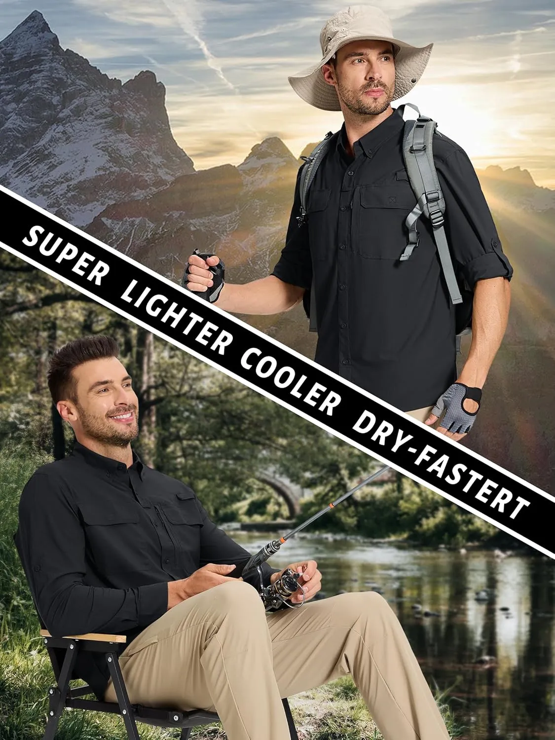 TACVASEN Men's Fishing Shirts Long Sleeve Sun Protection UPF50  Quick Dry Button Down Shirts with Zipper Pockets