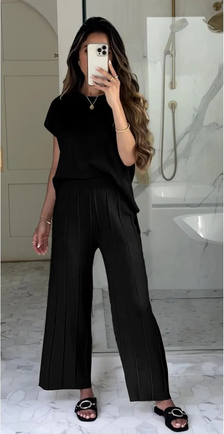 Tanming Women's 2 Piece Outfits Sweater Set Knit Pullover Tops High Waisted Pants Sweatsuits Lounge Set