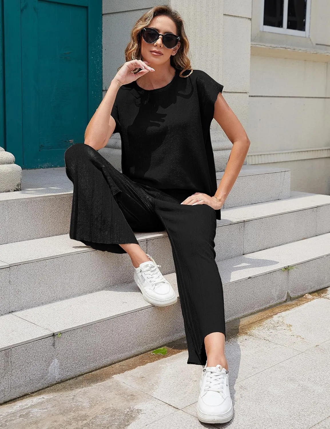 Tanming Women's 2 Piece Outfits Sweater Set Knit Pullover Tops High Waisted Pants Sweatsuits Lounge Set
