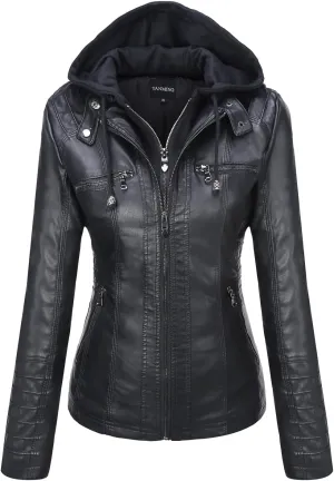 Tanming Women's Removable Hooded Faux Leather Jackets