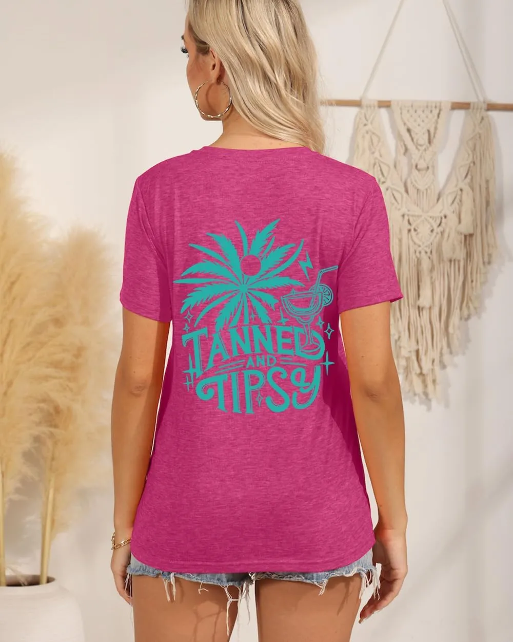 Tanned and Tipsy Beach Summer Tops Coconut Tree Vacation Tops for Women V Neck T Shirts Women