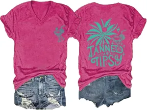 Tanned and Tipsy Beach Summer Tops Coconut Tree Vacation Tops for Women V Neck T Shirts Women