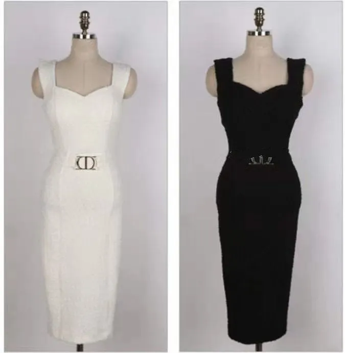 Textured Gold Buckle Sweetheart Neck Midi Straight Dress