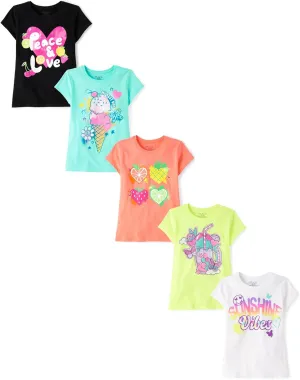 The Children's Place Girls' Assorted Everyday Short Sleeve Graphic T-Shirts,multipacks