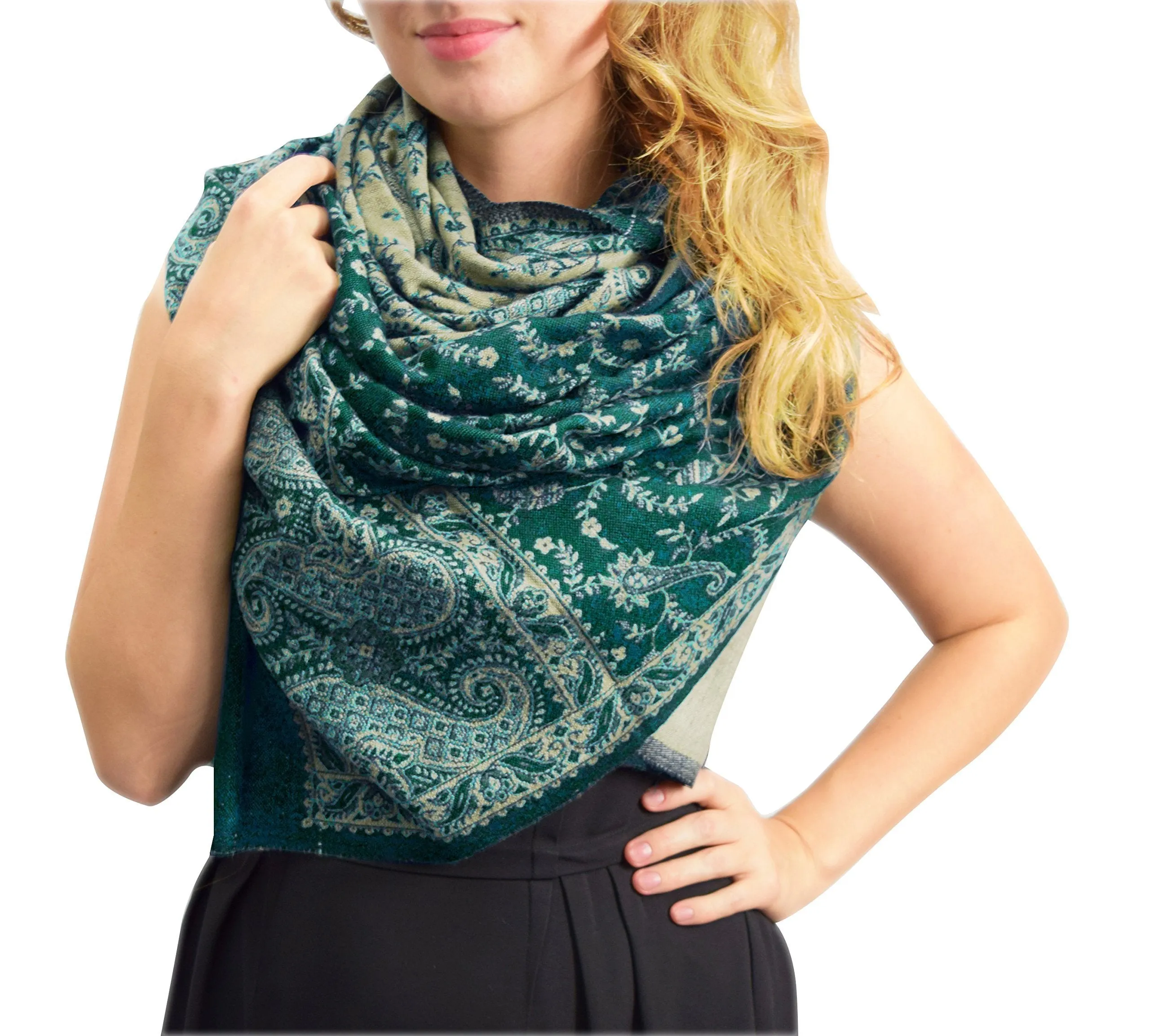 Thick 4 Ply Reversible Paisley Pashmina Blanket Scarf Forest Green/Tan