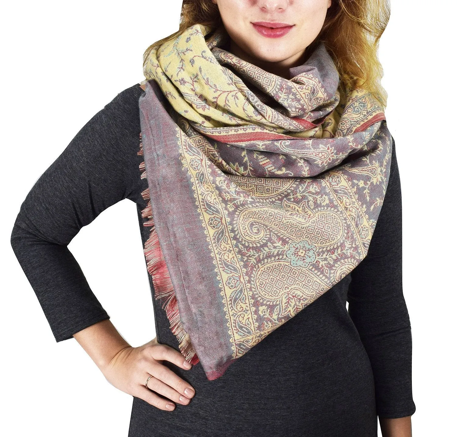 Thick 4 Ply Reversible Paisley Pashmina Blanket Scarf Taupe Coral