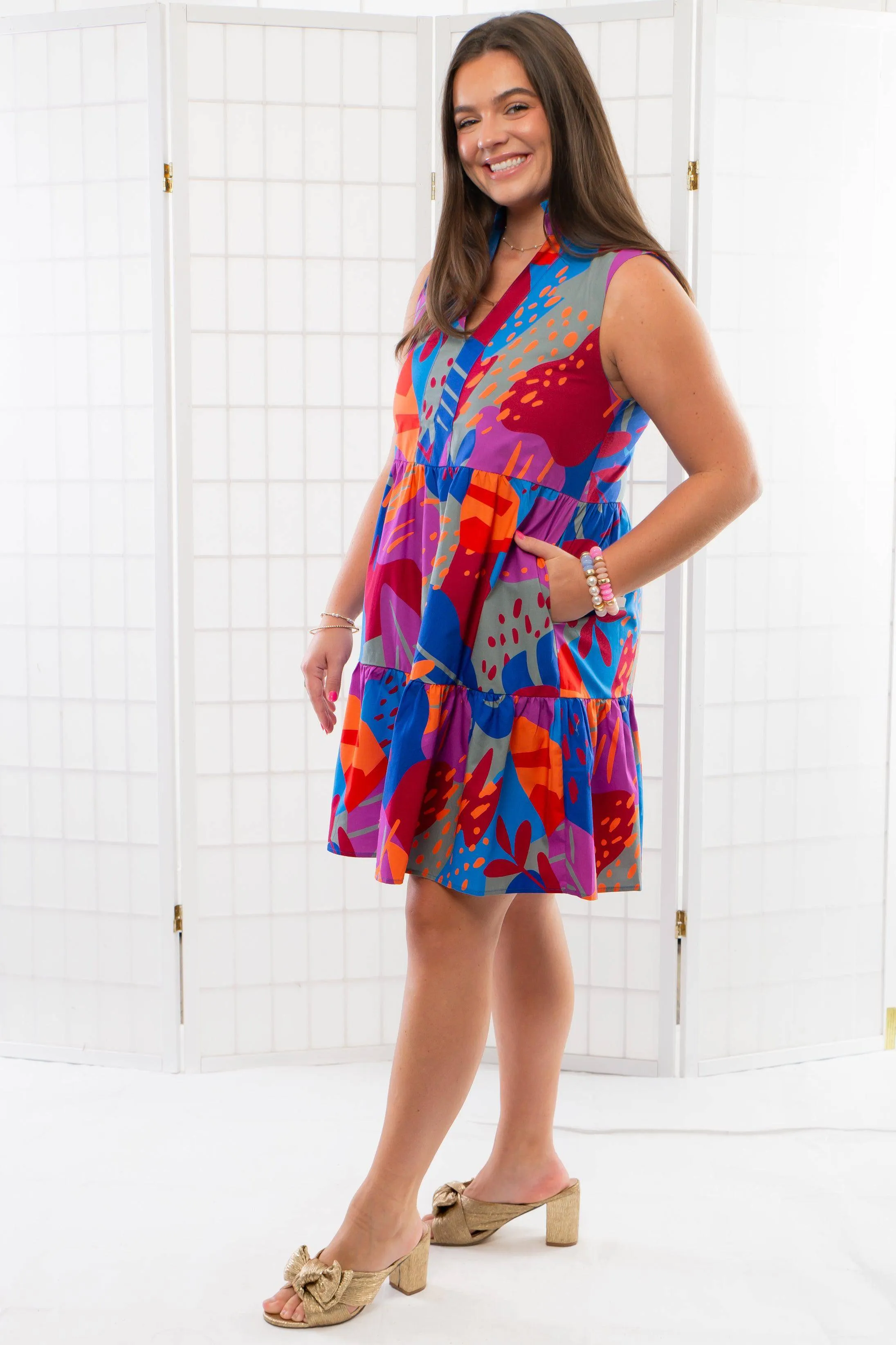 THML Jude Blue Patterned Sleeveless Midi Dress