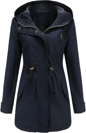 TIAFORD Women's Lightweight Drawstring Waist Hooded Rain Jacket Fall Casual Long Trench Coat Utility Coat with Pockets