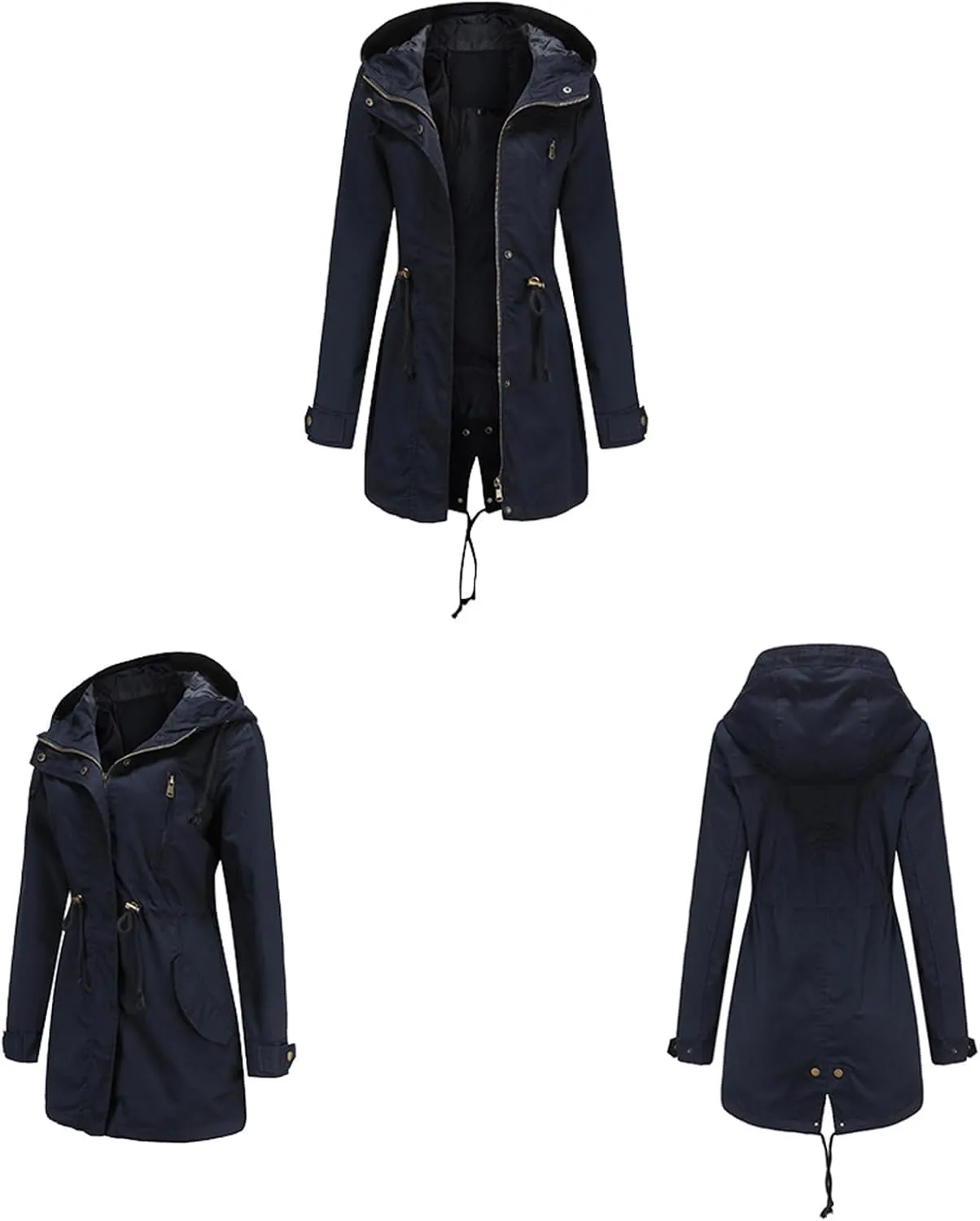 TIAFORD Women's Lightweight Drawstring Waist Hooded Rain Jacket Fall Casual Long Trench Coat Utility Coat with Pockets