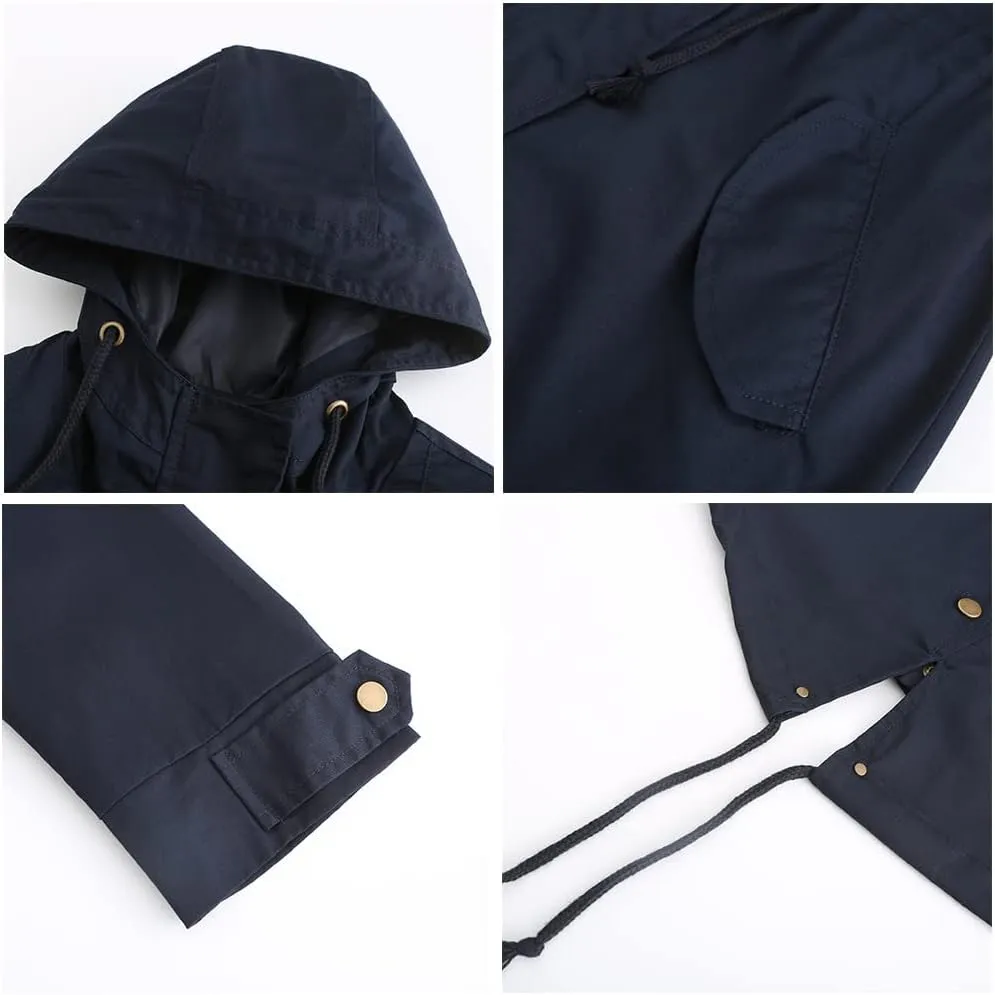 TIAFORD Women's Lightweight Drawstring Waist Hooded Rain Jacket Fall Casual Long Trench Coat Utility Coat with Pockets