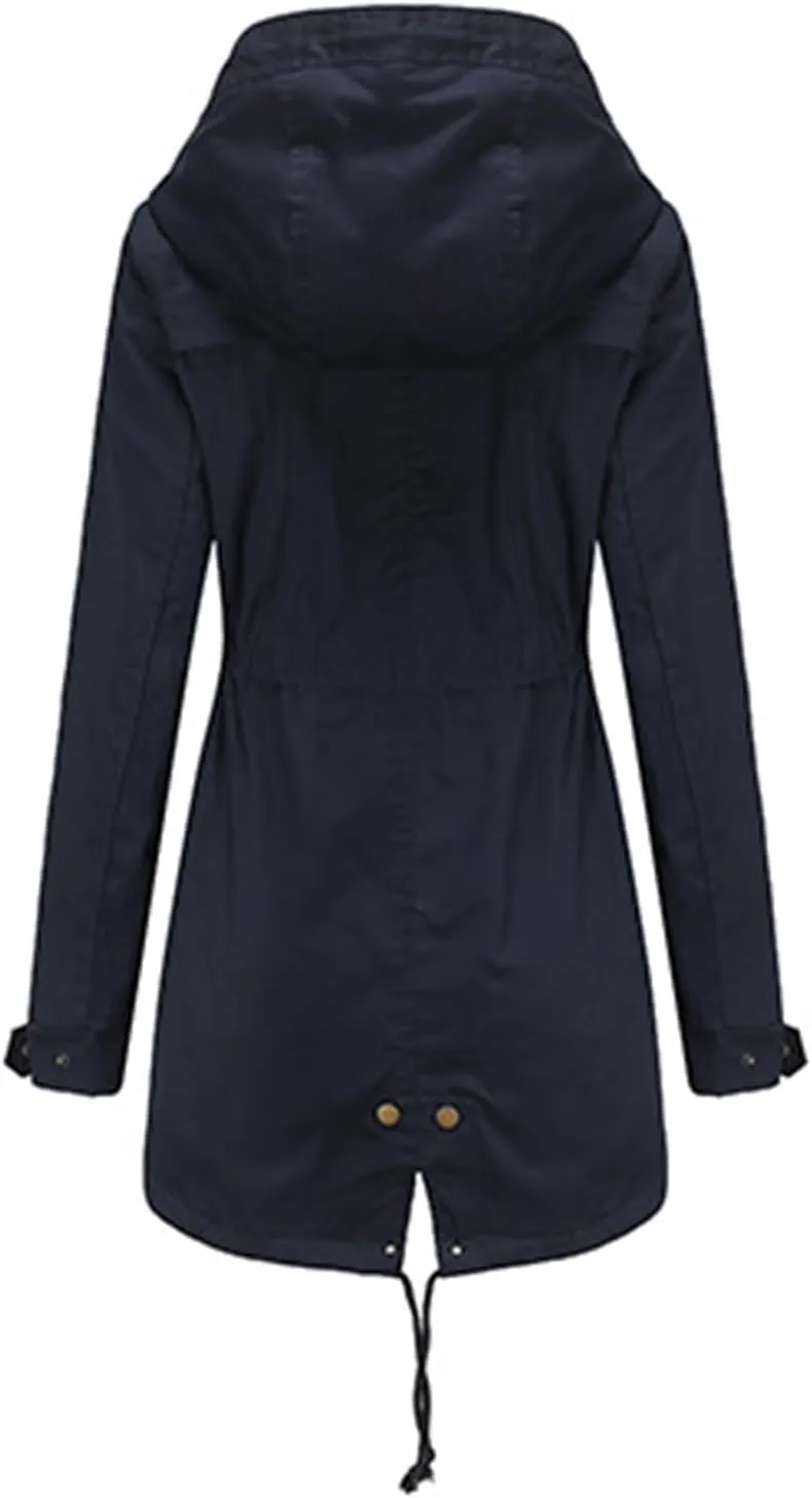 TIAFORD Women's Lightweight Drawstring Waist Hooded Rain Jacket Fall Casual Long Trench Coat Utility Coat with Pockets