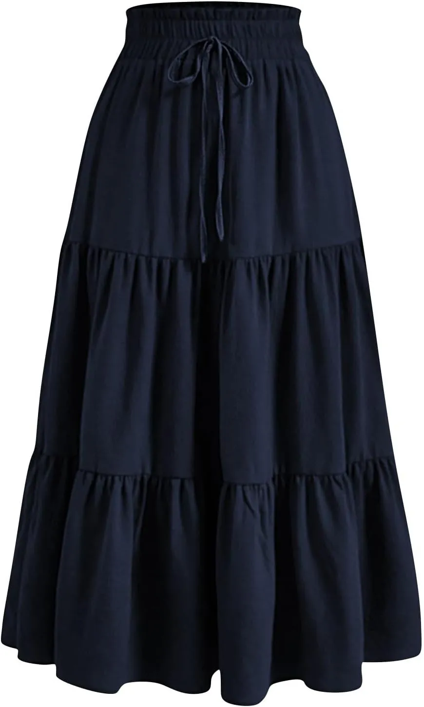 Tiered Maxi Skirts for Women Comfy Ruffle Hem Flowy Swing Long Skorts Elastic High Waisted Summer Cover Ups