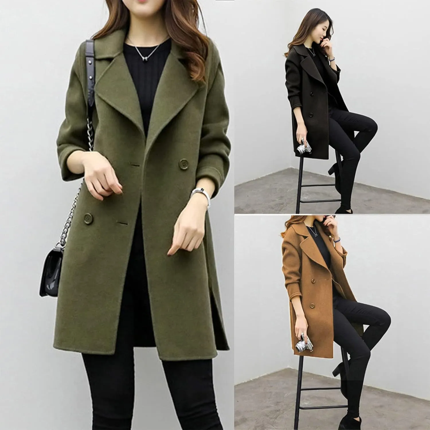TIMIFIS Wool Coats for Women Winter Plus Size Trench Coat Casual Lapel Button Long Jacket Solid Color Soft Warm Outerwear