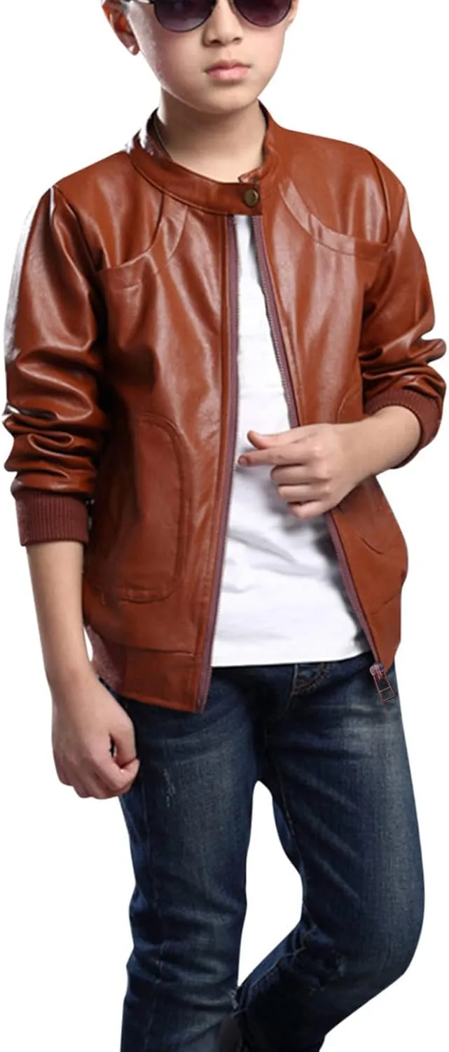 Toddler Kids Little Boys Long Sleeve Faux Leather Zipper Jacket Spring Autumn Lightweight PU 2t Lightweight Puffy