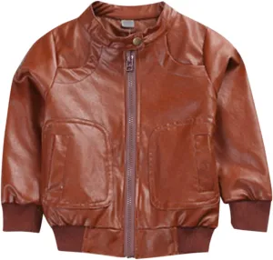 Toddler Kids Little Boys Long Sleeve Faux Leather Zipper Jacket Spring Autumn Lightweight PU 2t Lightweight Puffy