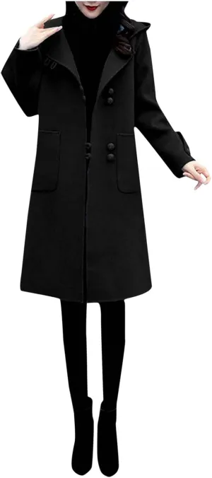 Trench Coat Women Hooded Long Trench Coat Fall Winter Fashion Button Down Windproof Overcoat with Hood Pockets