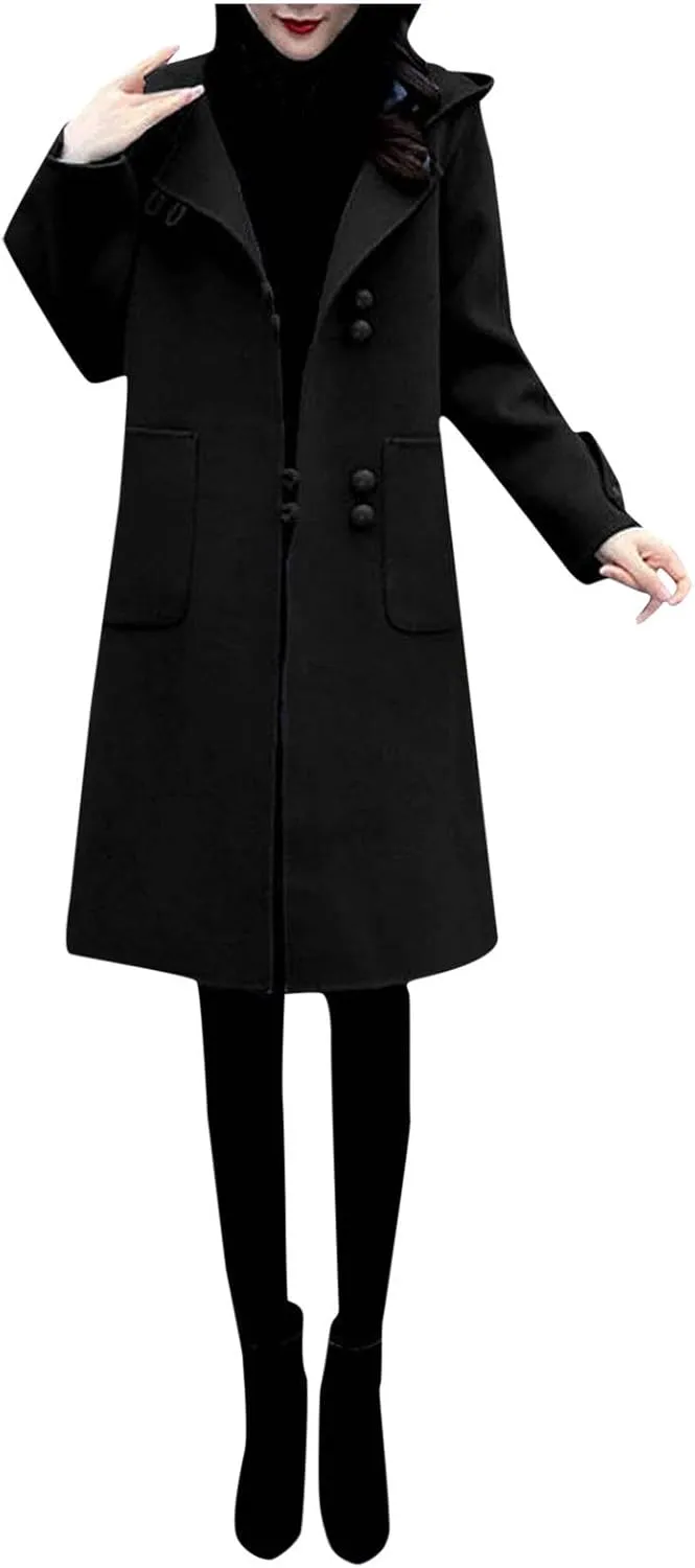 Trench Coat Women Hooded Long Trench Coat Fall Winter Fashion Button Down Windproof Overcoat with Hood Pockets