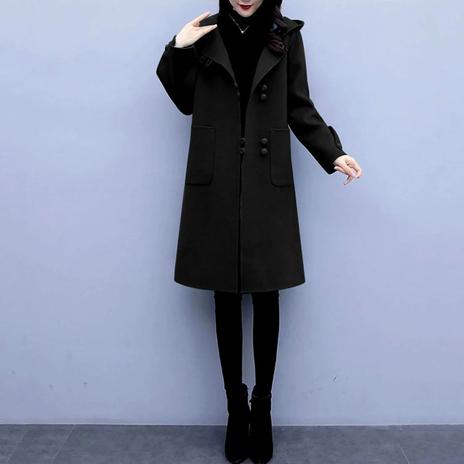 Trench Coat Women Hooded Long Trench Coat Fall Winter Fashion Button Down Windproof Overcoat with Hood Pockets
